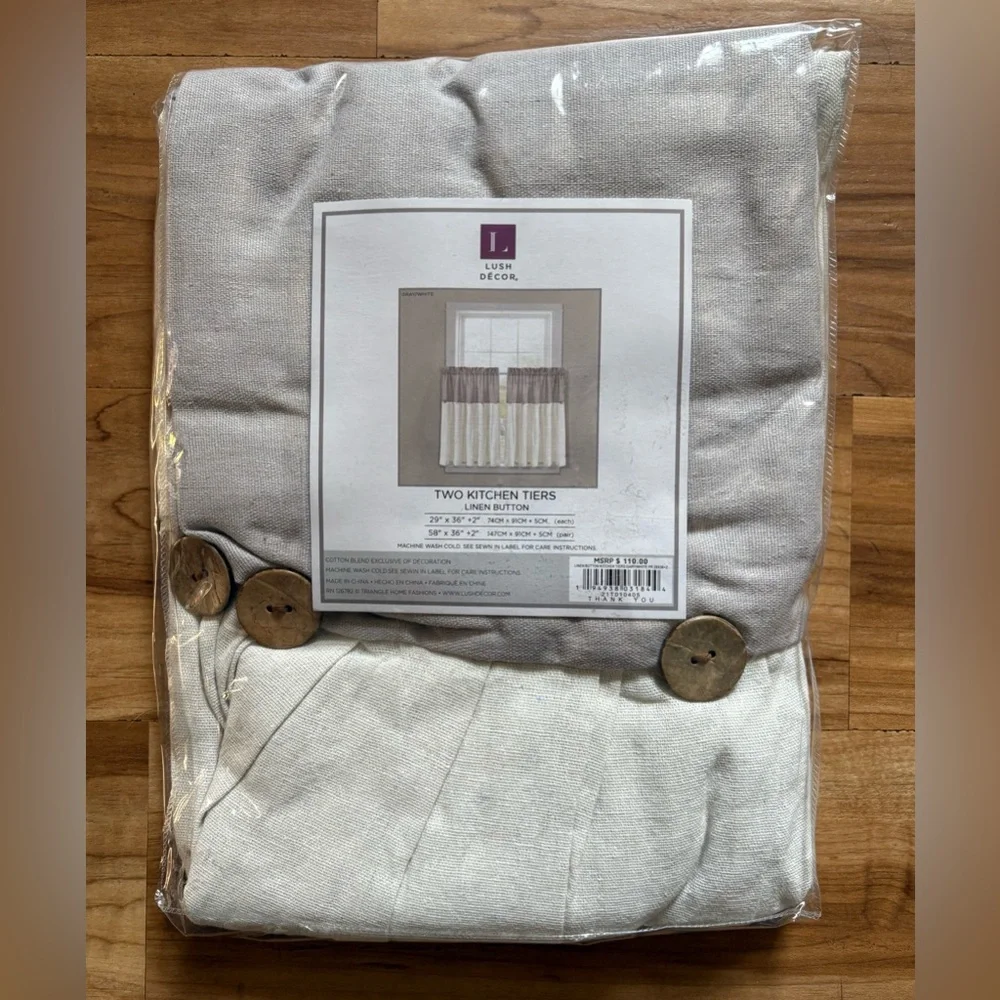 NWT Lush Decor, Linen Button Farmhouse Tier Curtain Set, Taupe and White